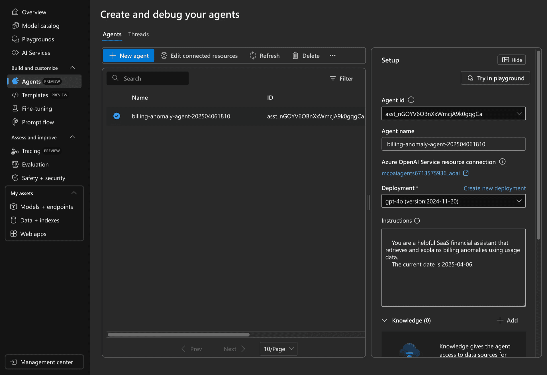 Azure AI Foundry agent playground
