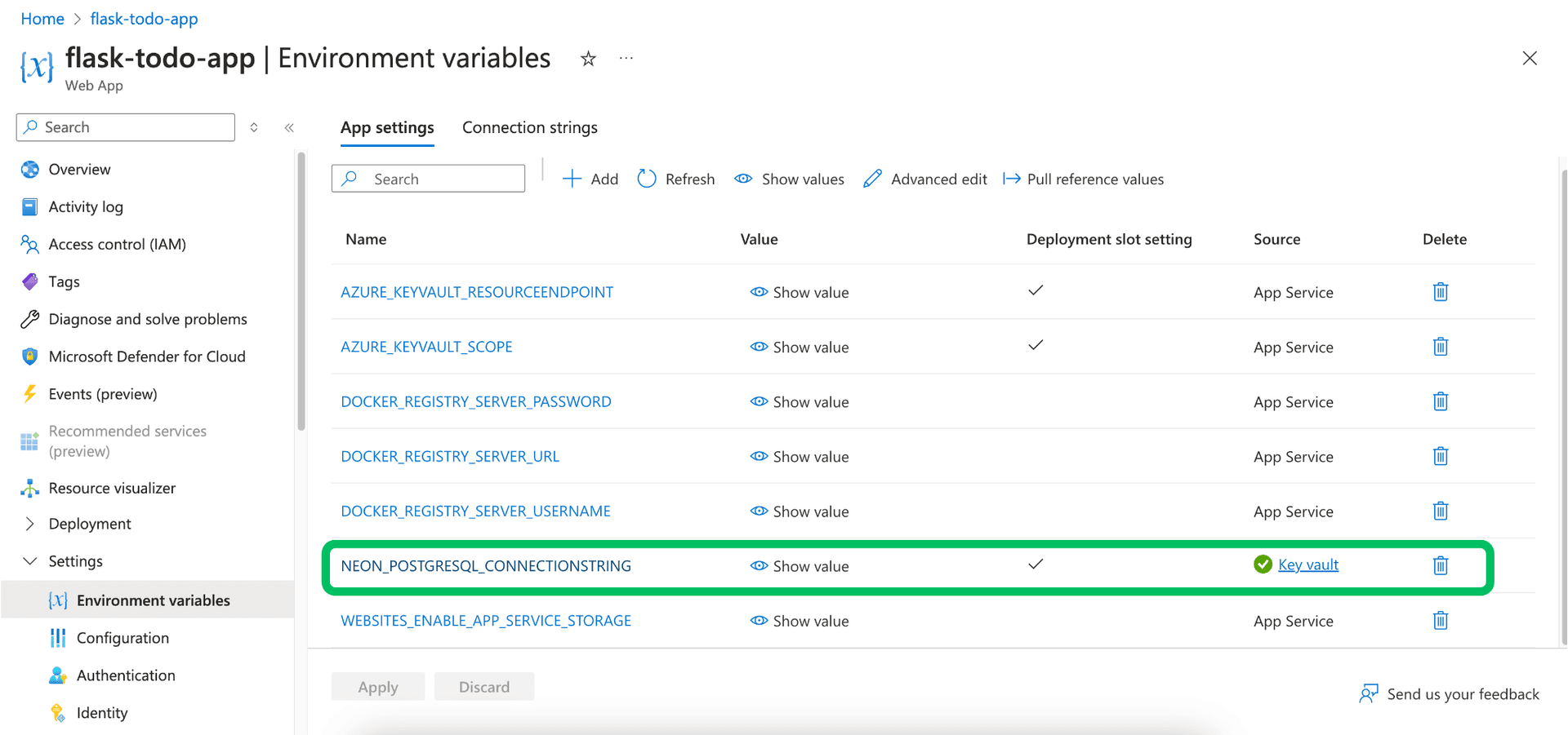 Neon environment variables in App Service