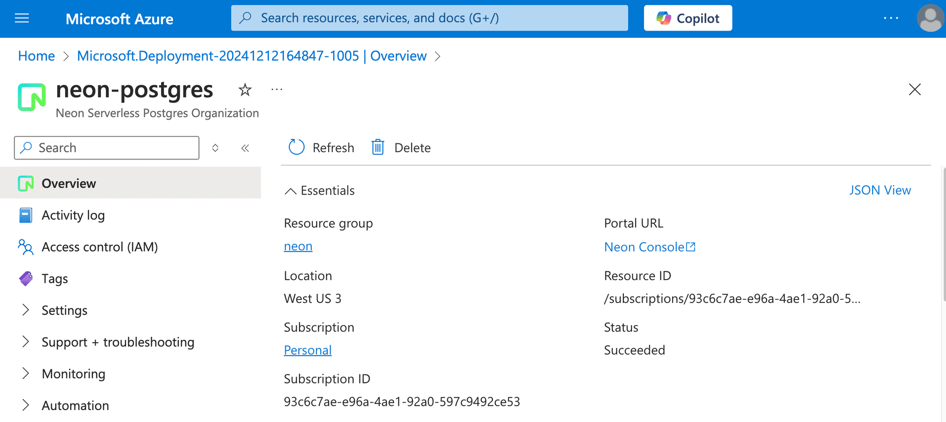 Neon SSO Link in Azure Portal