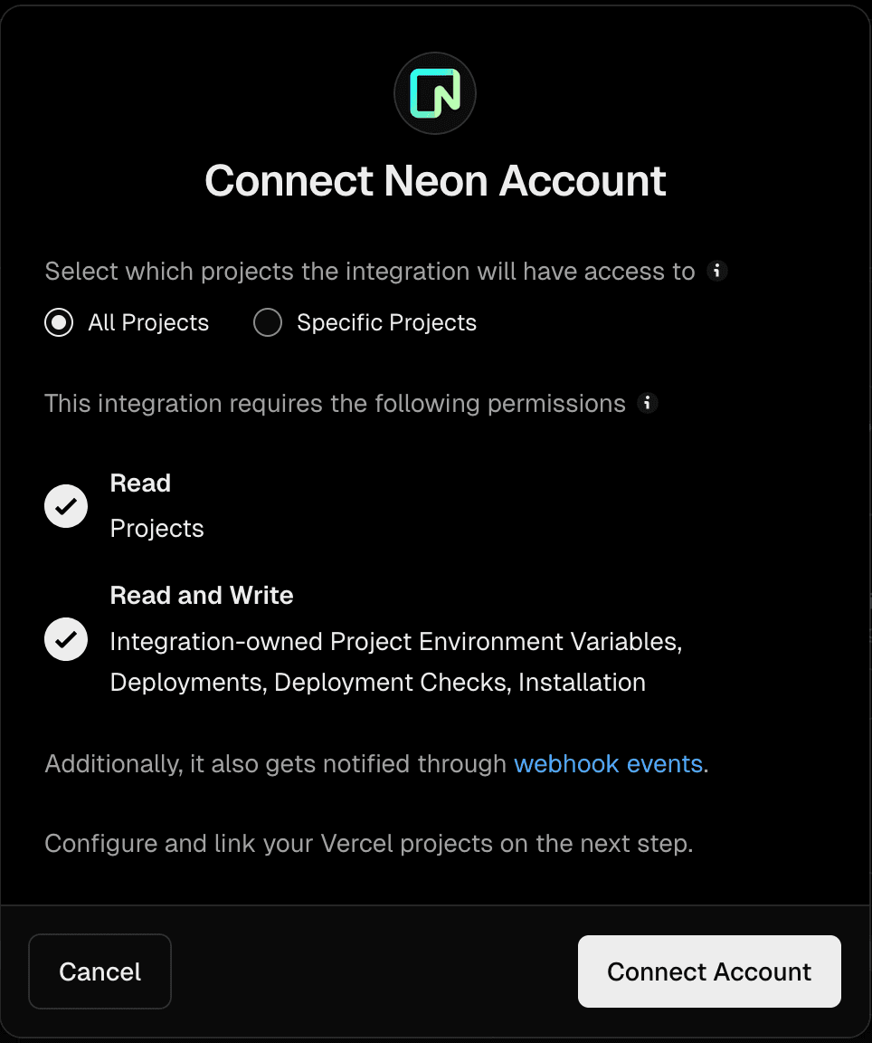 Connect Neon Account Projects