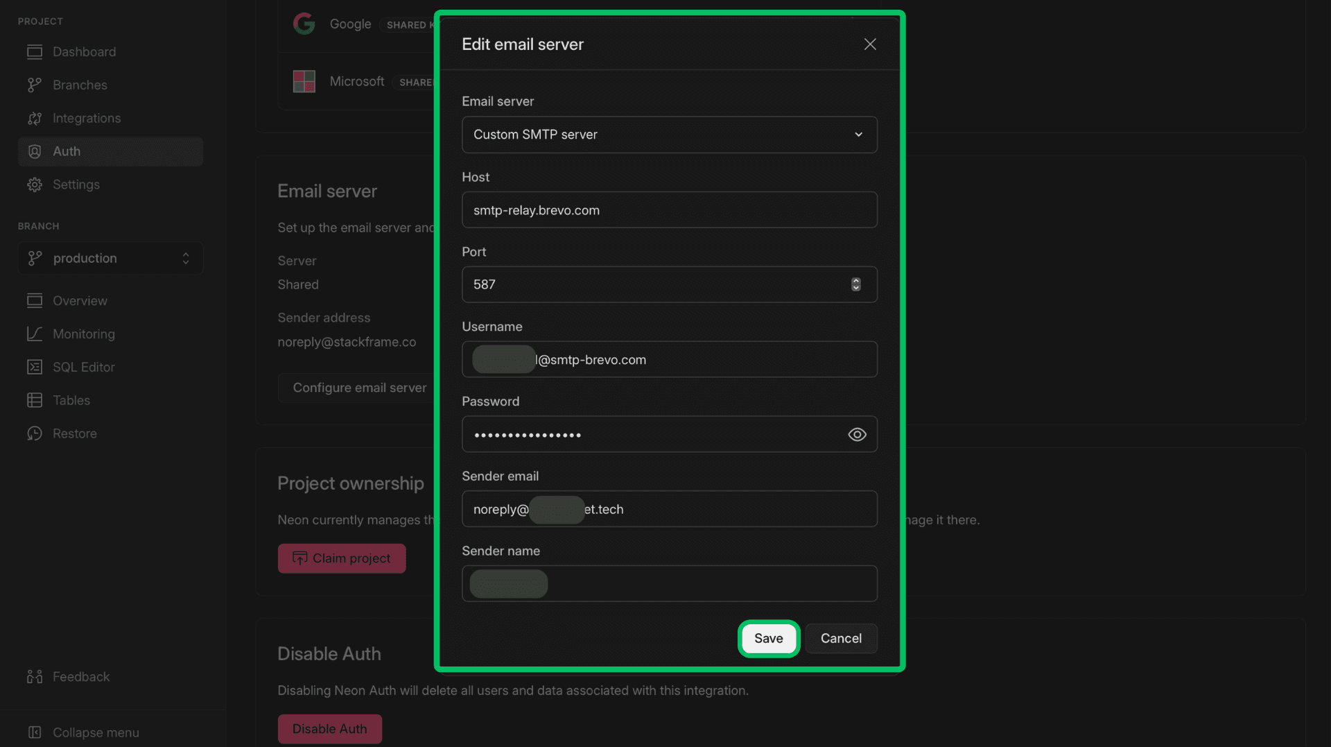 Neon Auth Custom SMTP Configuration UI